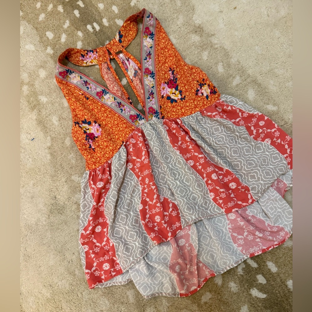 Free People Dream Darlin orange floral print v-neck halter tank top women’s L - Picture 3 of 9